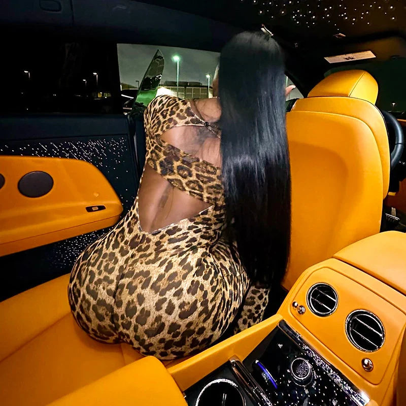 Leopard Print Long-Sleeved Crop Top with High-Waisted Trendy Jumpsuit Sexy Chic Stylish Outfit for Women