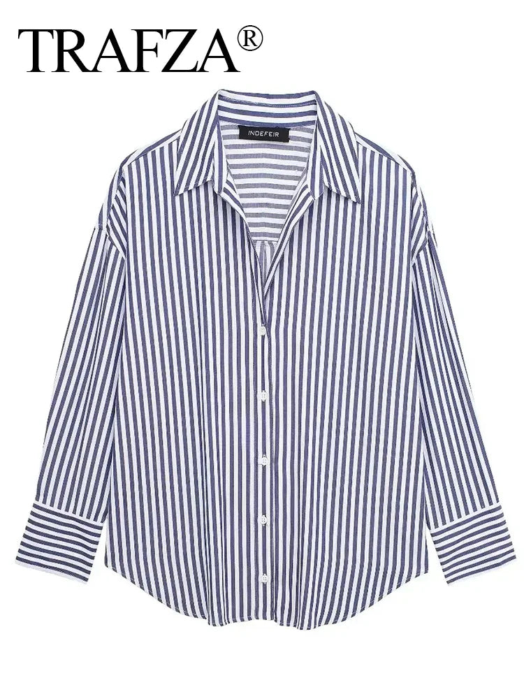 Women's Vintage Long Sleeve Blouse Oversized Striped V Neck Office Shirt Elegant Textured Top