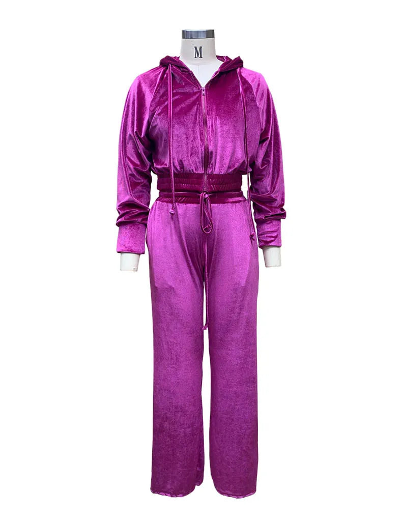 Velvet Tracksuit Women Two Piece Set with Zipper Crop Coat and Long Pants Casual Outfit