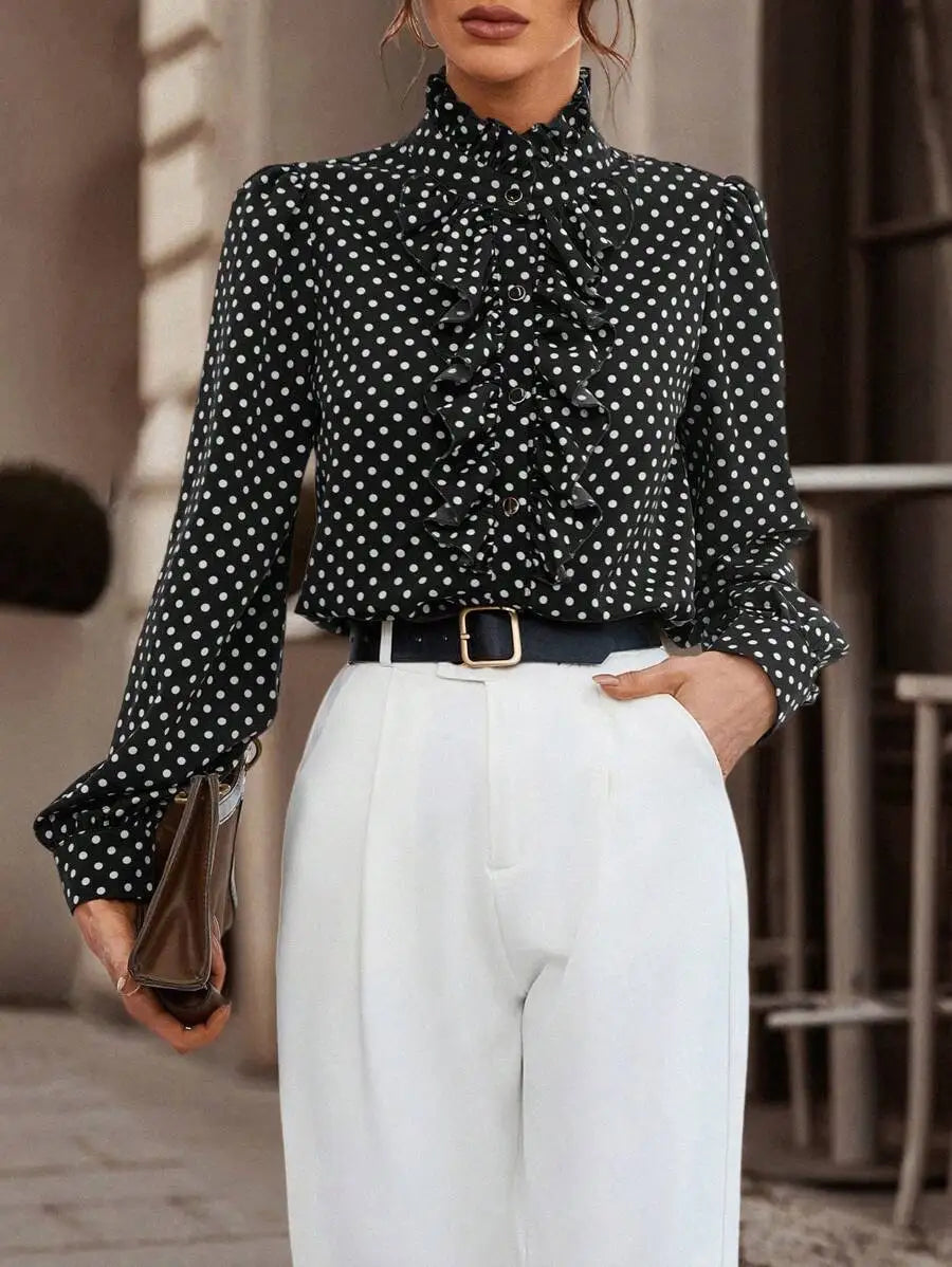 Long Sleeve Polka Dot Button Shirt for Women with Ruffle Detail Elegant Office Blouse Casual Fashion Top
