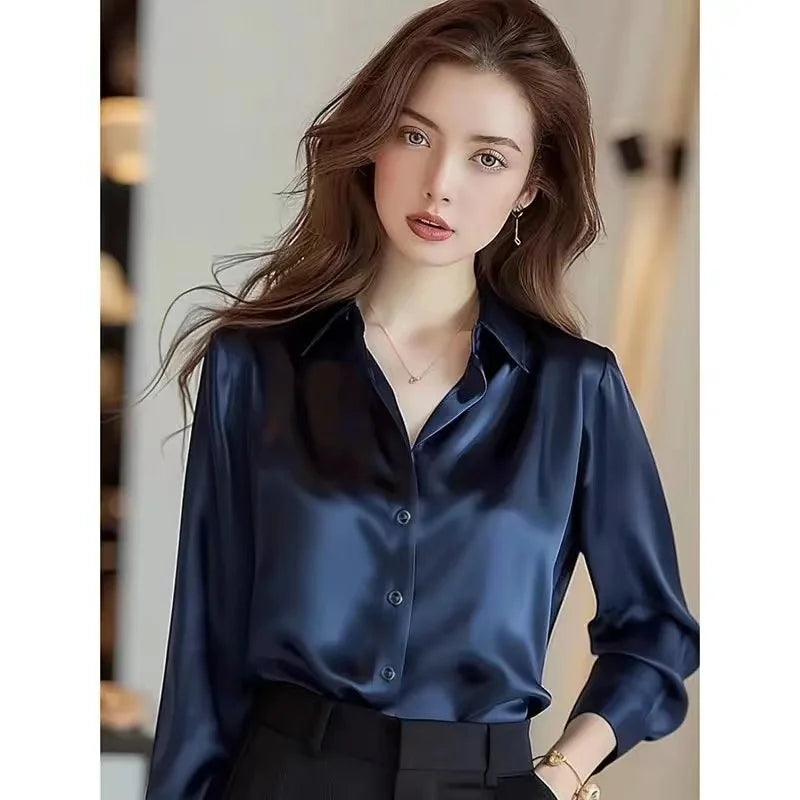Elegant Satin Long Sleeve Women's Shirt Slim Fit Casual Office Blouse Stylish Autumn Top