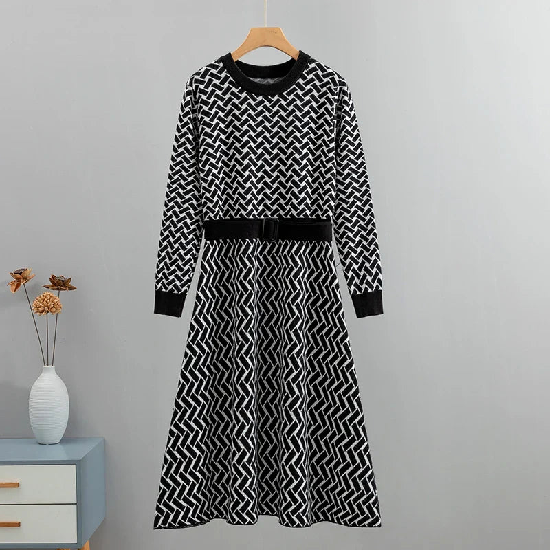 Jacquard Knit Sweater Dress With Belt Elegant Pleated Maxi