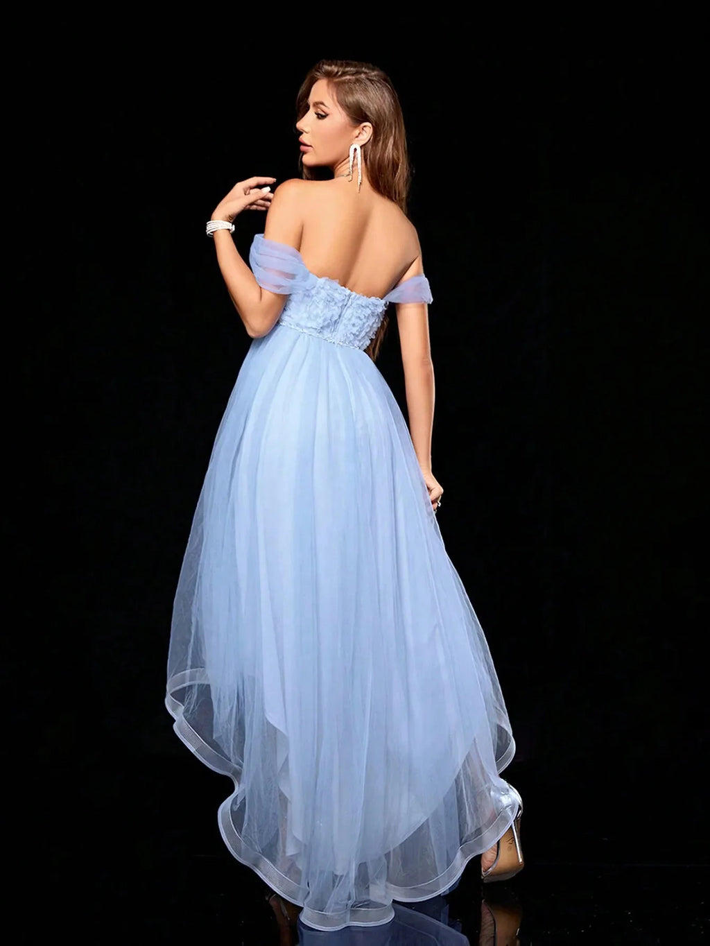 Embroidered Long Mesh Swing Skirt With Unique Neckline