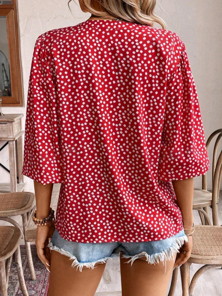 Women's Vacation V-Neck Button-Up Mid-Sleeve Shirt with Open Gap and Single Row Buttons Casual Summer Top