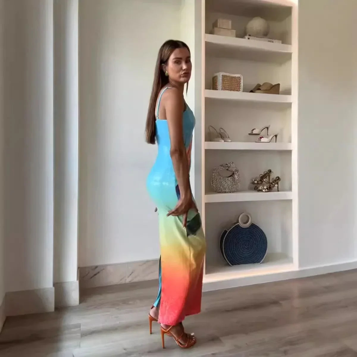 Sequin Print Suspender Dress for Casual Party Wear