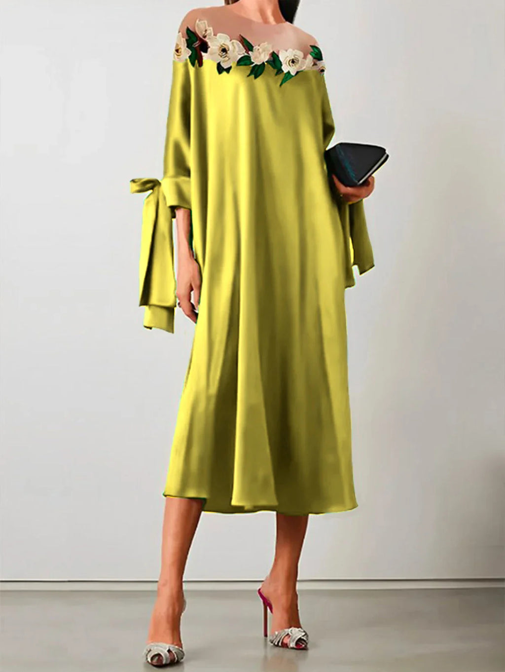 Floral Midi Satin Dress With Bow Front Off Shoulder