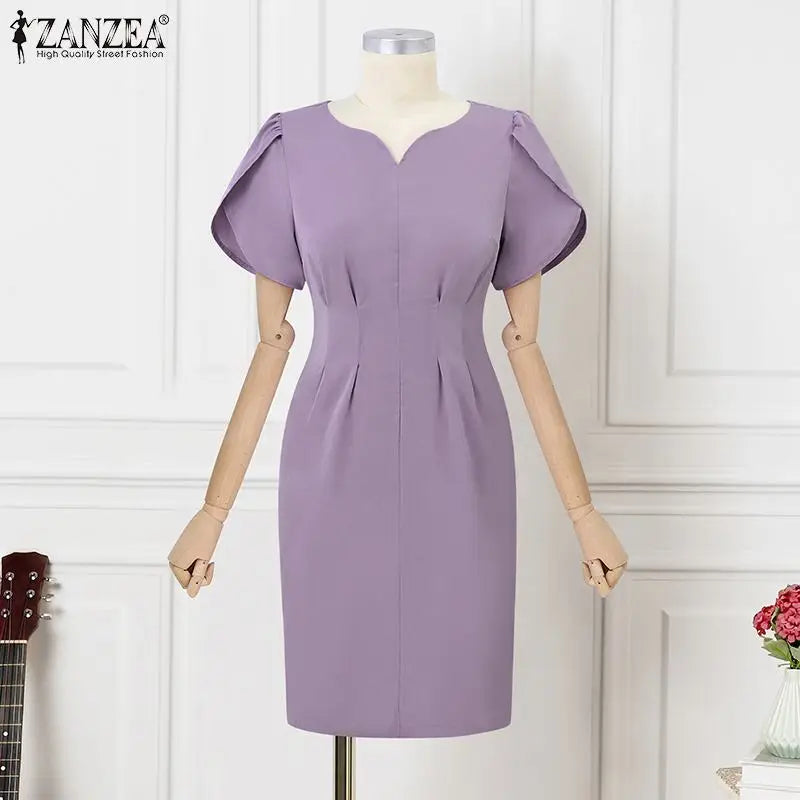 Solid Color Midi Dress With V Neck For Office Women