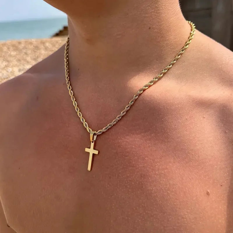 Stainless Steel Cross Pendant Necklace for Men and Women Minimalist Gold Color Jewelry Choker Gift
