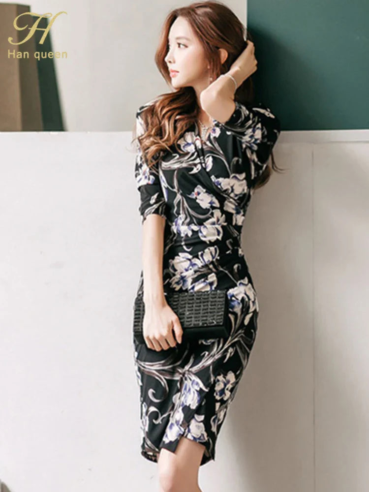 V-Neck Pencil Dress for Women Vintage Print Office Wear