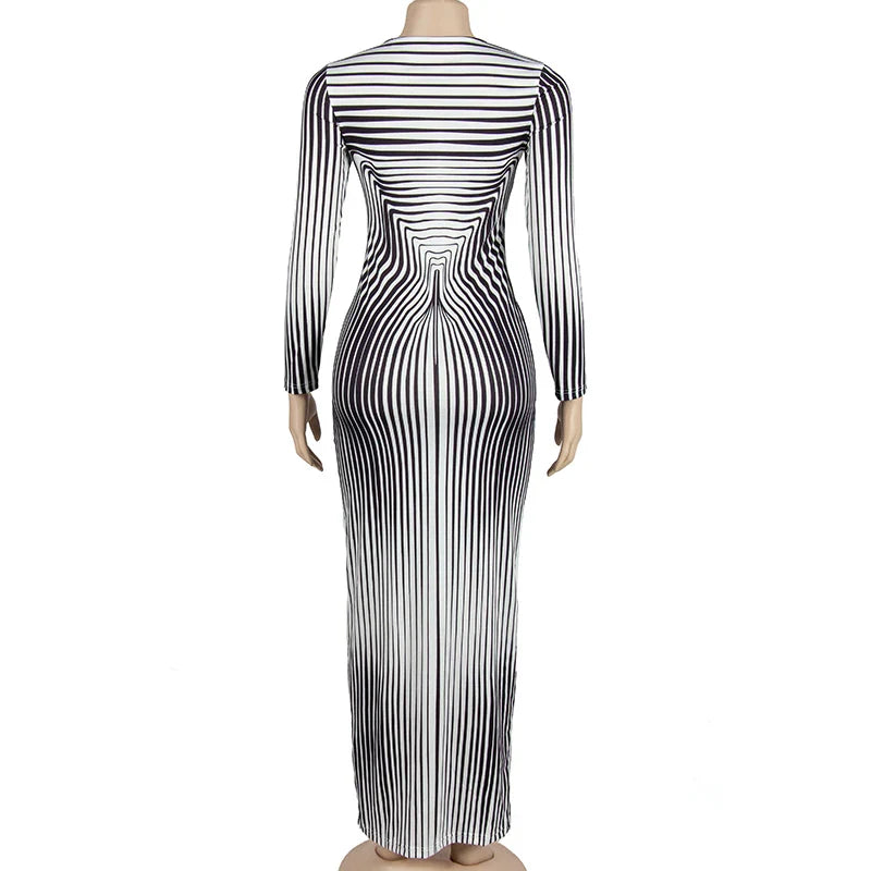 Autumn O Collar Long Sleeve Striped Evening Party Dress