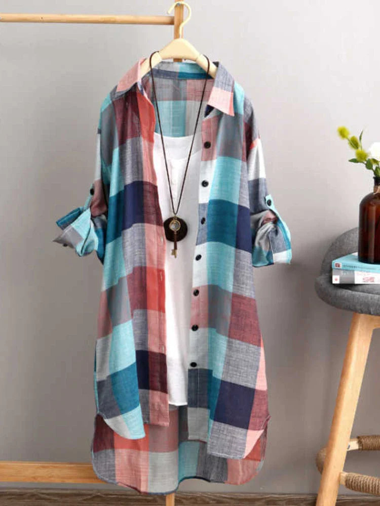 Casual Plaid Linen Cotton Long Sleeve Blouse Mid Length Loose Button Down Shirt for Women Autumn and Winter Fashion