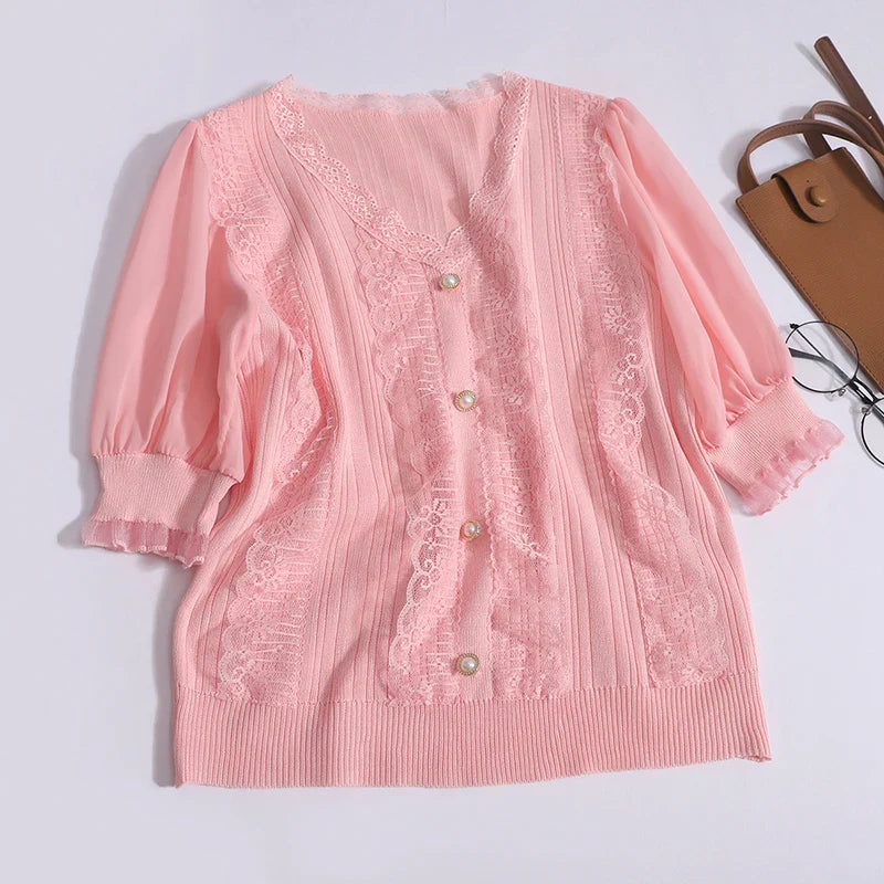Women's Spring Summer Chiffon Short Sleeve Top Vintage V Neck Lace Trim Pearl Button Blouse Ribbed Elastic Waist Pleated Casual Office Shirt