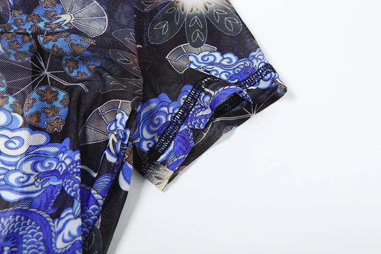 Colorful Mesh Print Jumpsuit for Women Sheer Backless Summer Clubwear Peach Buttocks Contour Tight Fit Overalls