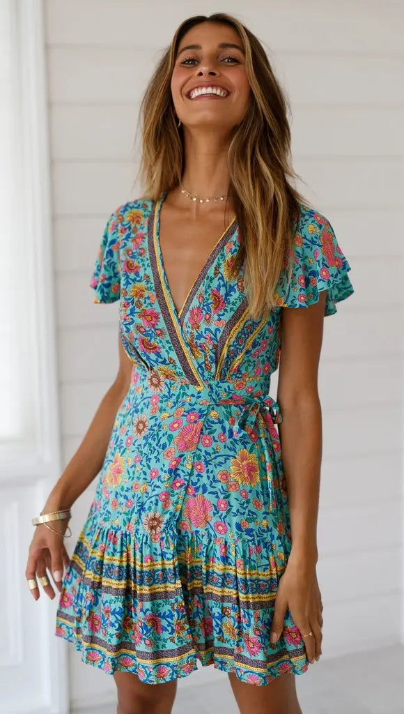 Bohemian Printed Dress With V Neck Lace Up Short Skirt