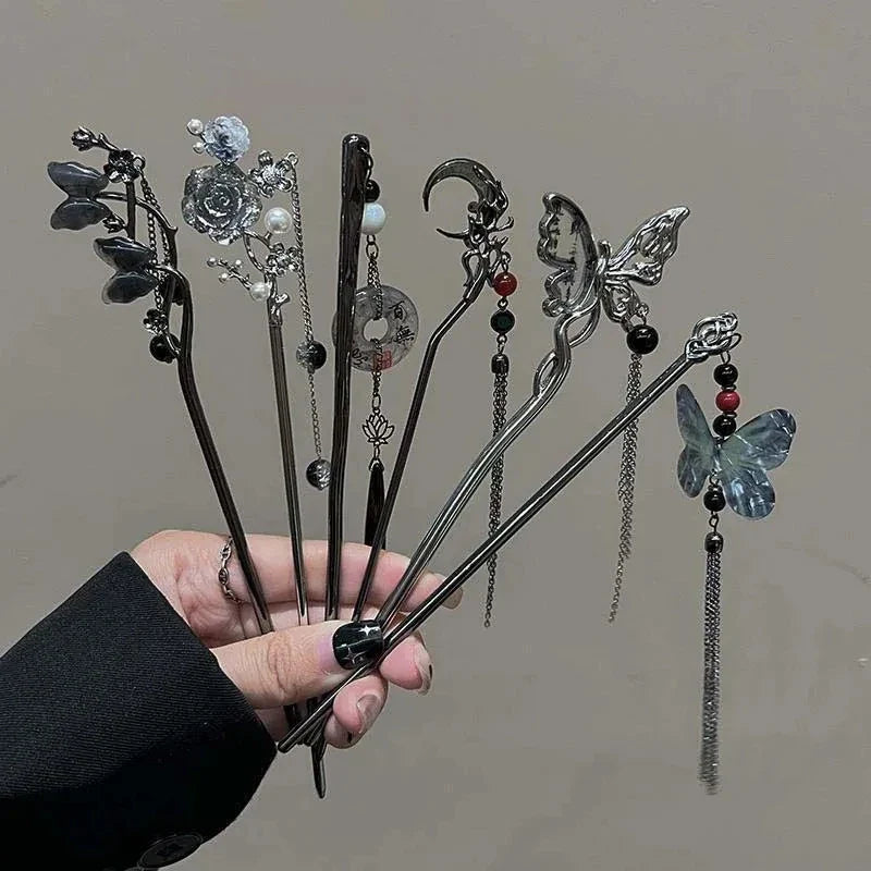 Chinese Style Vintage Butterfly Flower Hair Stick with Tassels for Women Hair Accessories