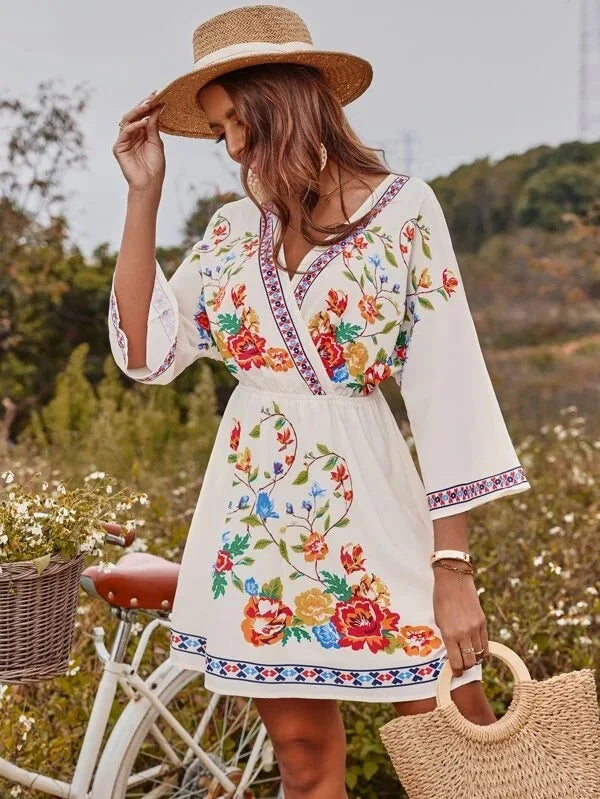 Bohemian Dress With V Neck And Tie Waist Beach Vacation