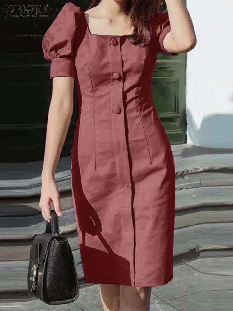 Puff Sleeve Square Collar Sheath Dress For Women Summer