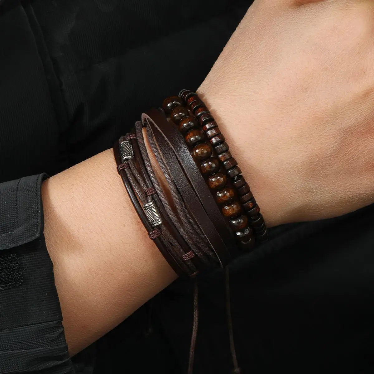 4PCS Vintage Multi-Layer Wooden Beads Men's Bracelet Trendy Accessories