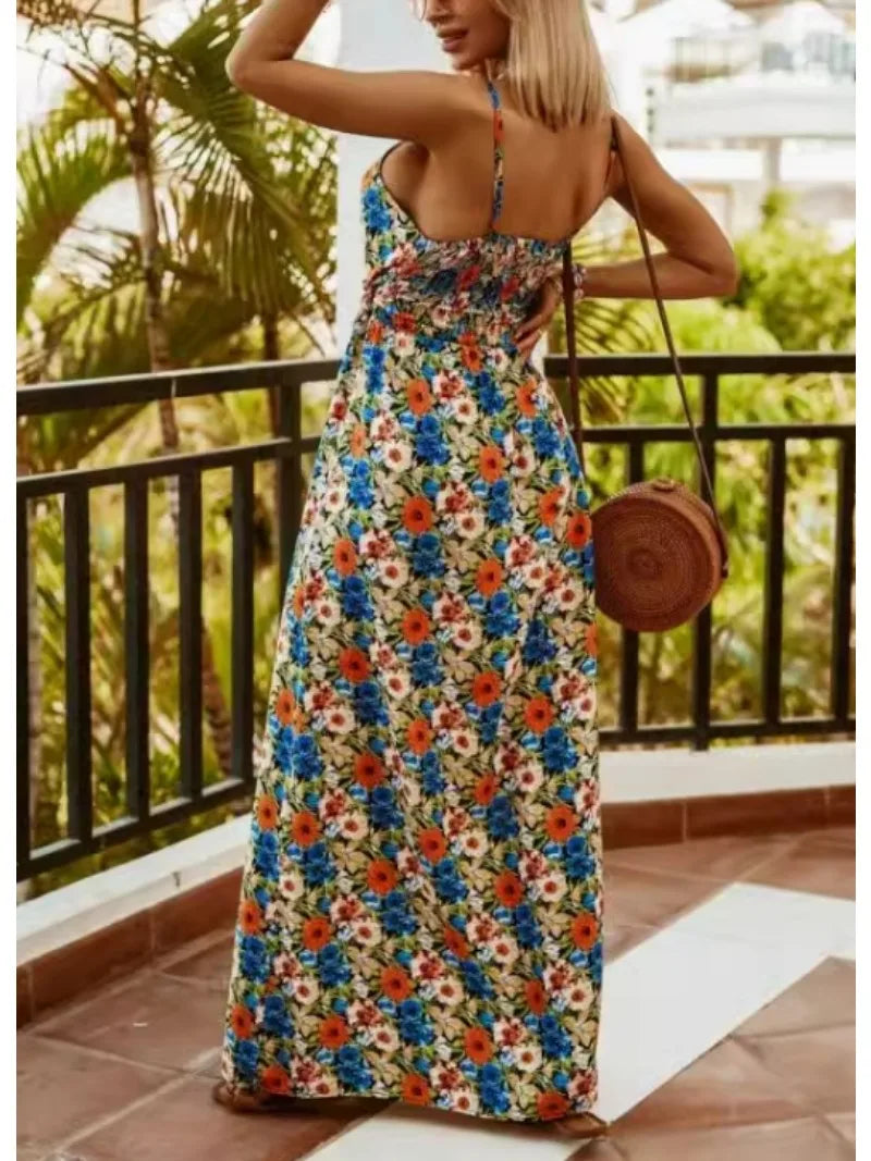 Bohemian Floral Chiffon Summer Dress With V Neckline