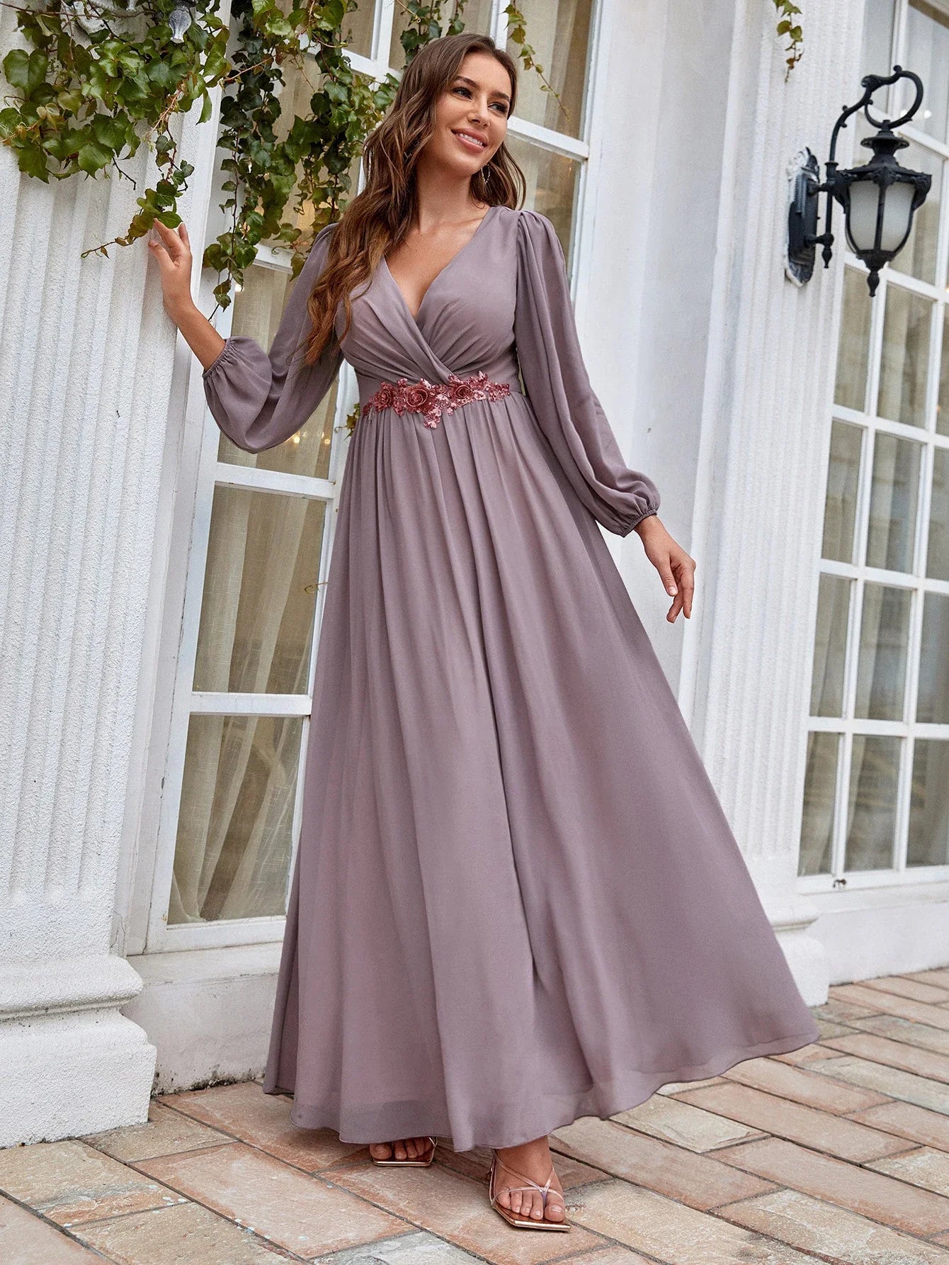 Beaded Print Chiffon V Neck Long Sleeve Evening Gown