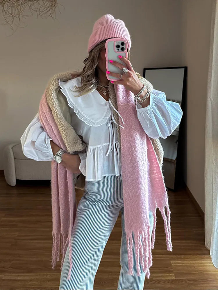 Women's Sweet Solid White Blouse with Front Bow Lace-Up Long Sleeves Elegant Casual Summer Top