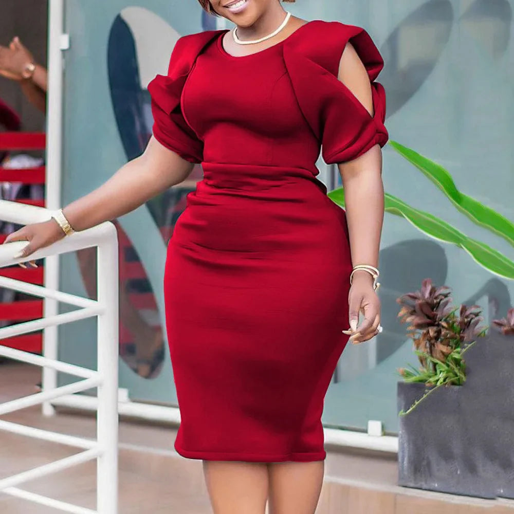 Elegant Cold Shoulder O Neck Dress For Women Mid Calf Party