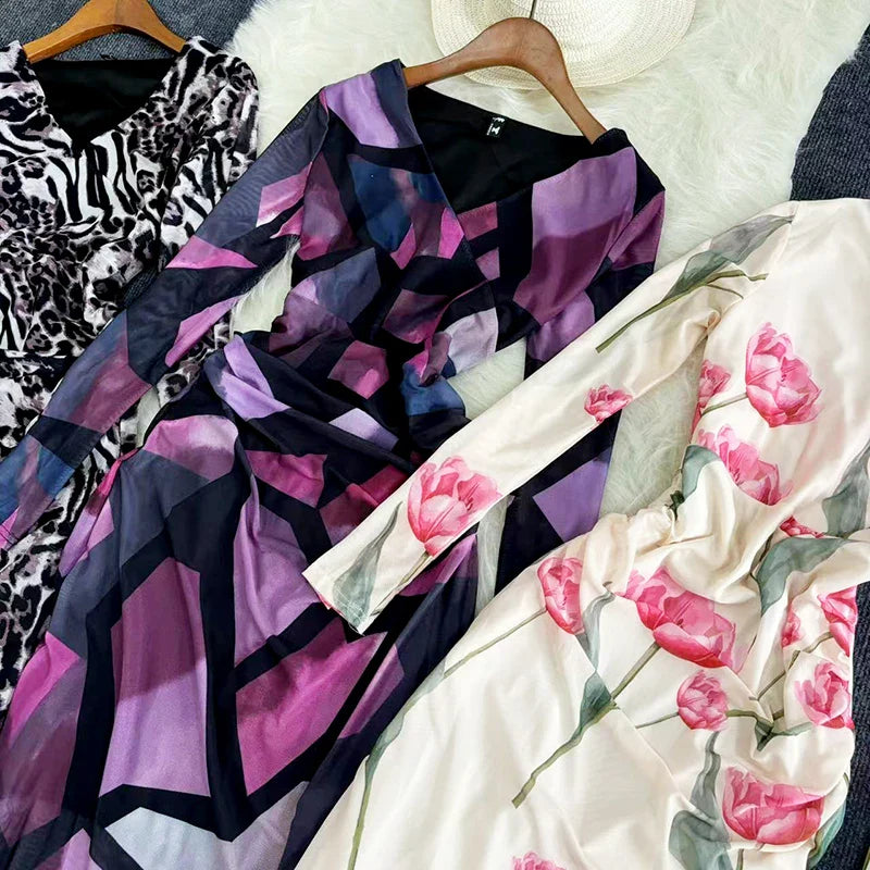 Mesh Print Maxi Dress With V Neck Full Sleeve Bodycon