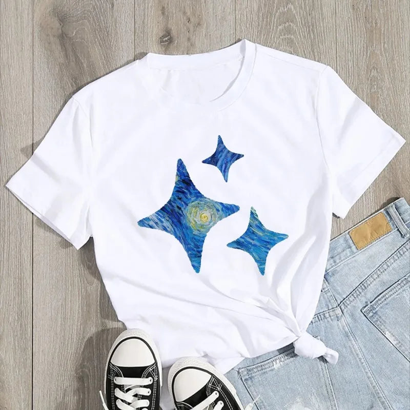 Aesthetic Van Gogh Starry Night Cat Print Women's Short Sleeve T-Shirt
