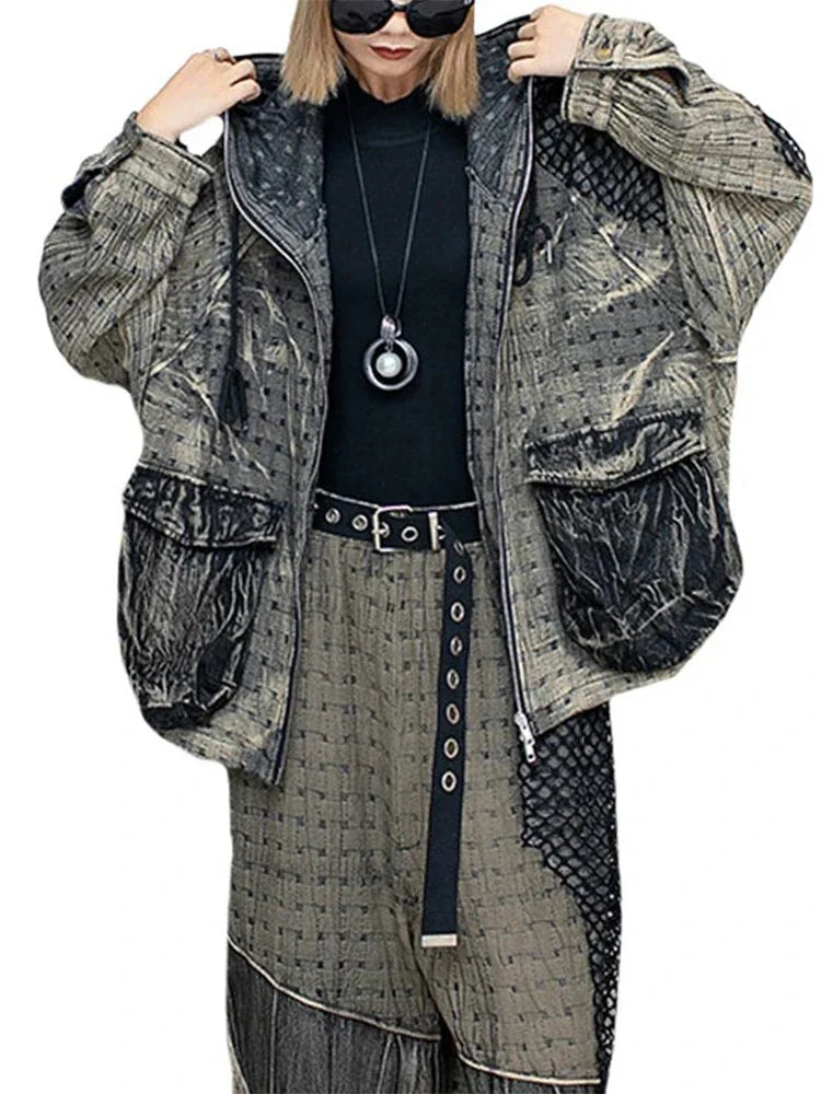 Vintage Denim Two Piece Women's Jacket and Pants Set with Hooded Coat and Casual Mesh Pants