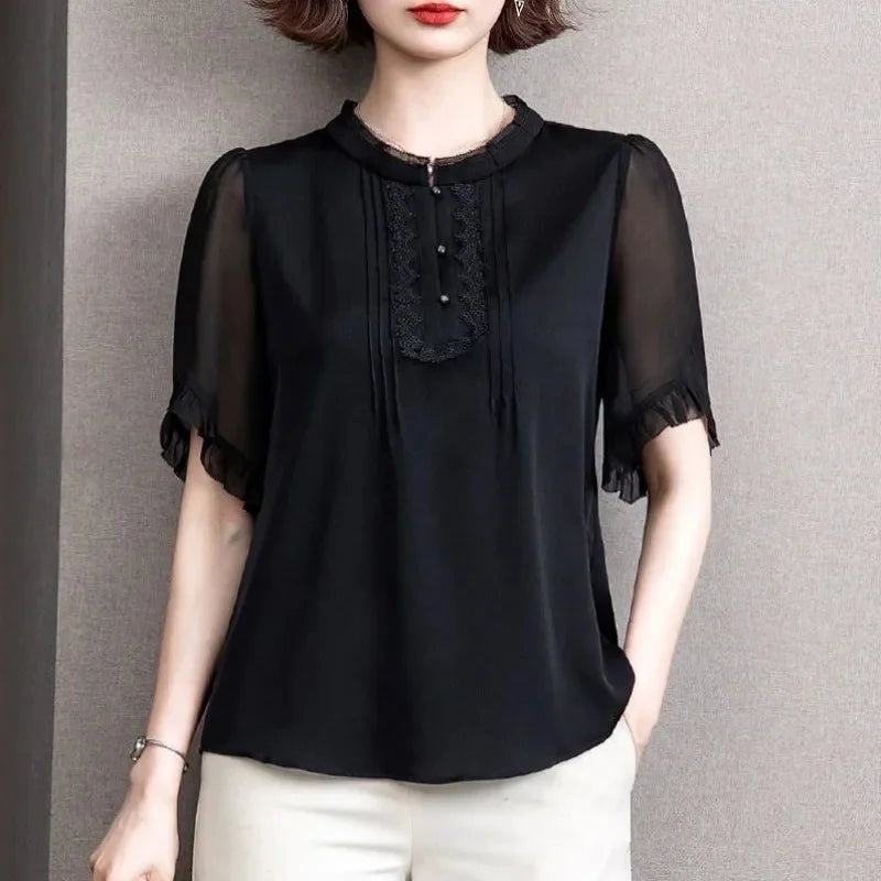 Women's Summer Chiffon Blouse Casual Short Sleeve O-Neck Top in Black Lightweight Breathable Shirt