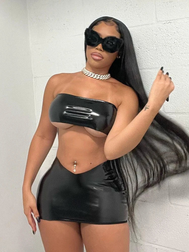 Shiny Solid Two Piece Set for Women Sexy Wrapped Chest Crop Top and Irregular Shape Skinny Hip Skirt Midnight Party Clubwear