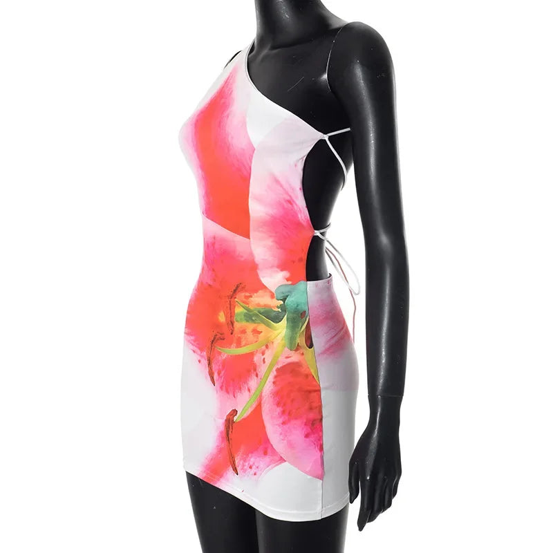 One Shoulder Floral Print Mini Dress Backless Bandage