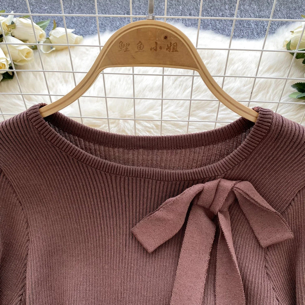 Knitted Short Dress With O Neck Bow Bodycon Chic Style