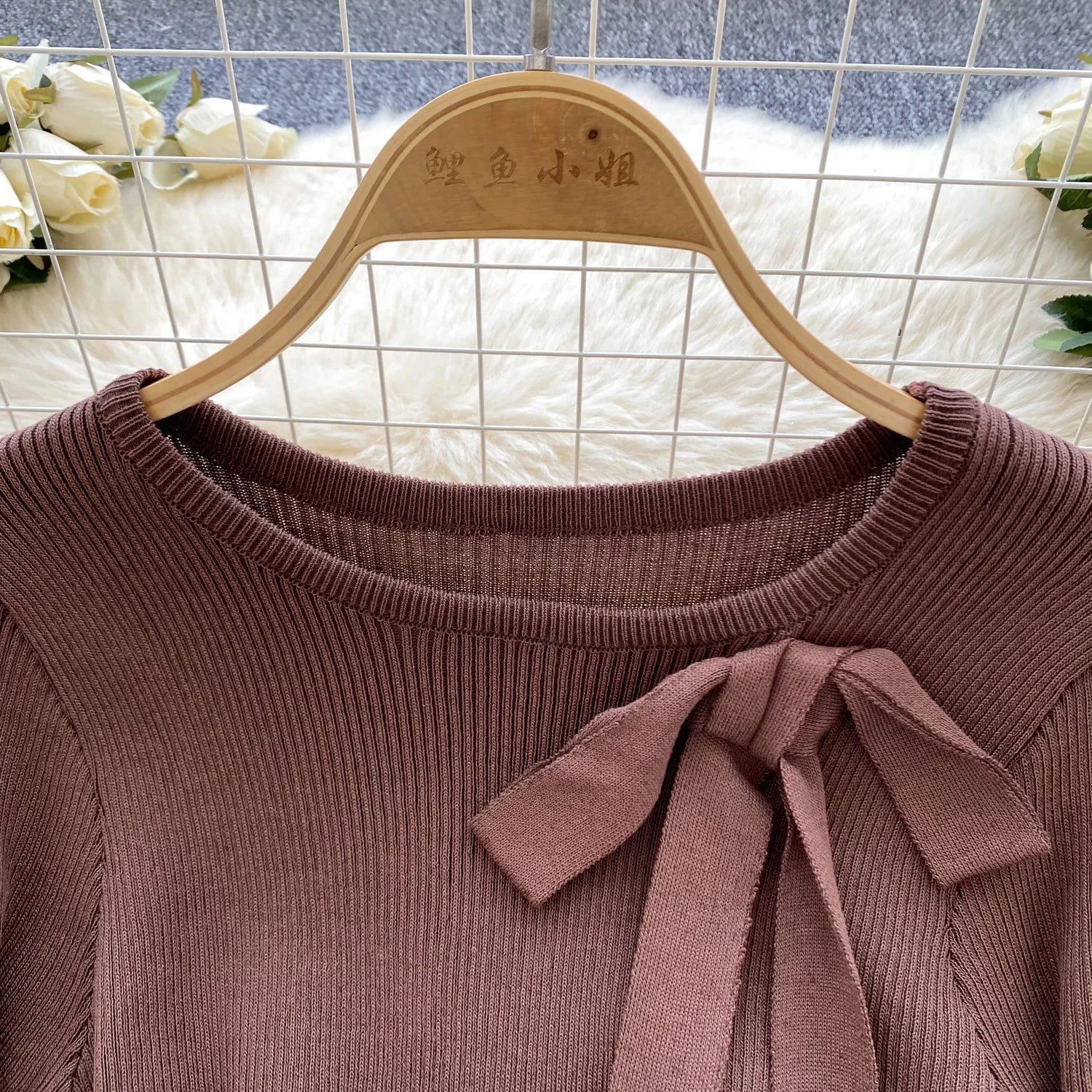 Knitted Short Dress With O Neck Bow Bodycon Chic Style