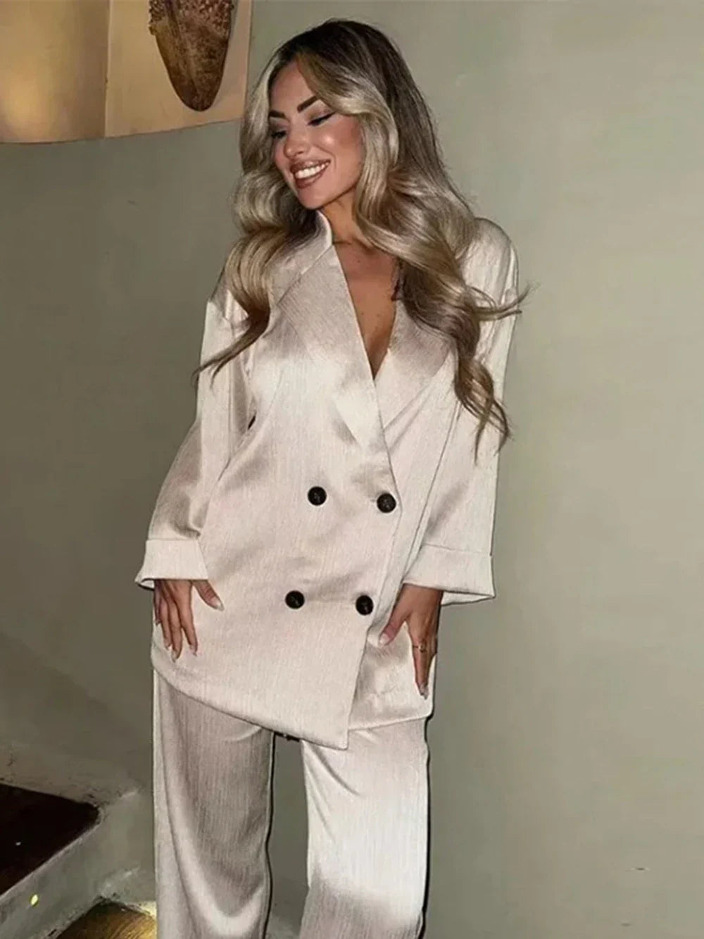 Women's Satin Blazer and High Waisted Straight Leg Pant Set with Crease Texture