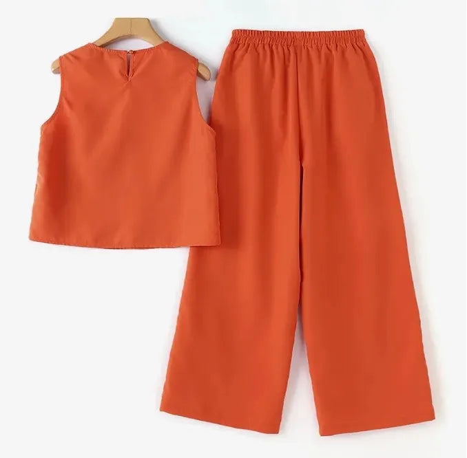 Women's Cotton and Hemp Two Piece Set Loose Elegant Sleeveless Commuter Outfit with Embroidery