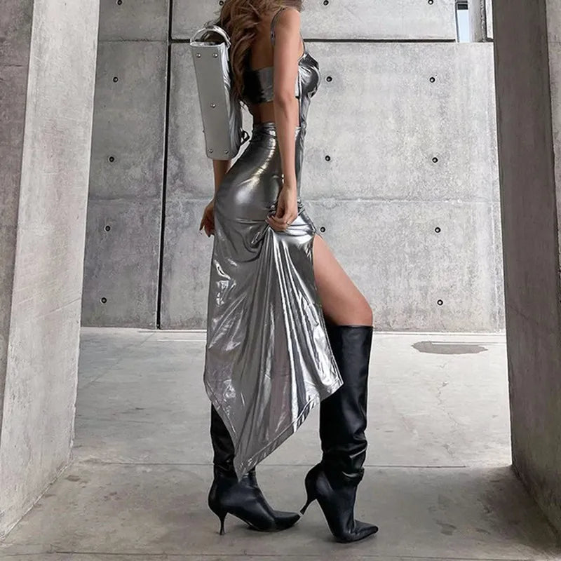 Silver Spaghetti Strap Backless Clubwear Dress High Split