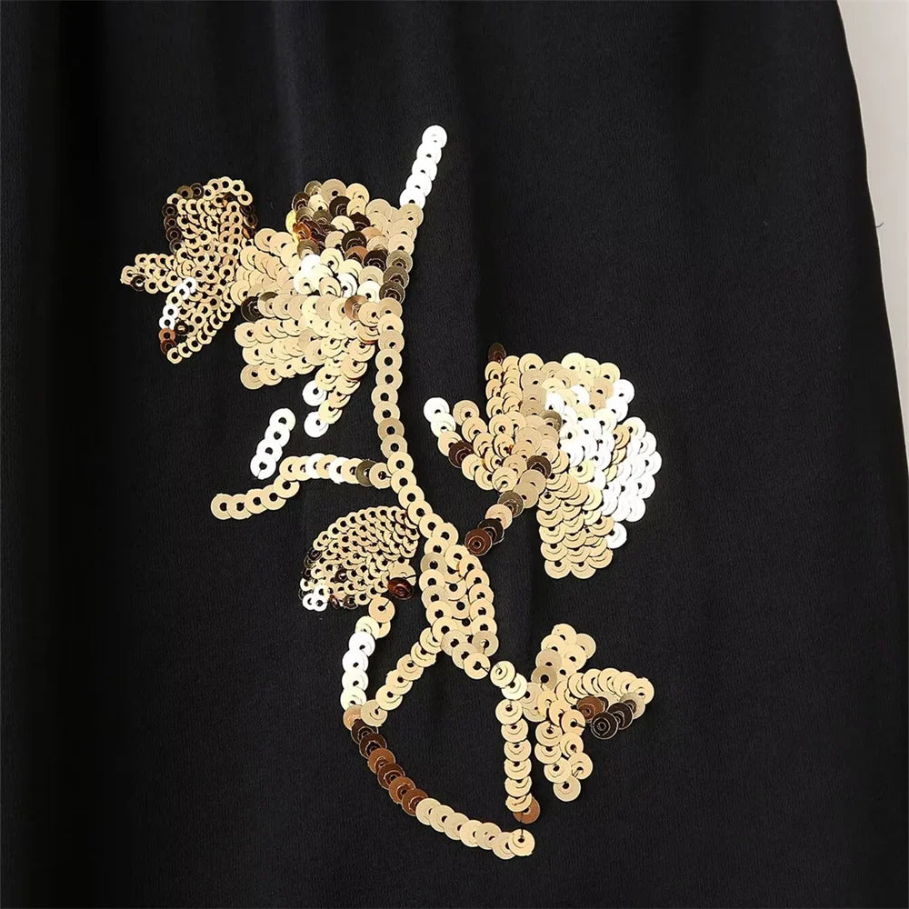 Women's Satin Texture Sequin Embroidered Shirt and High Waist Long Pants Set