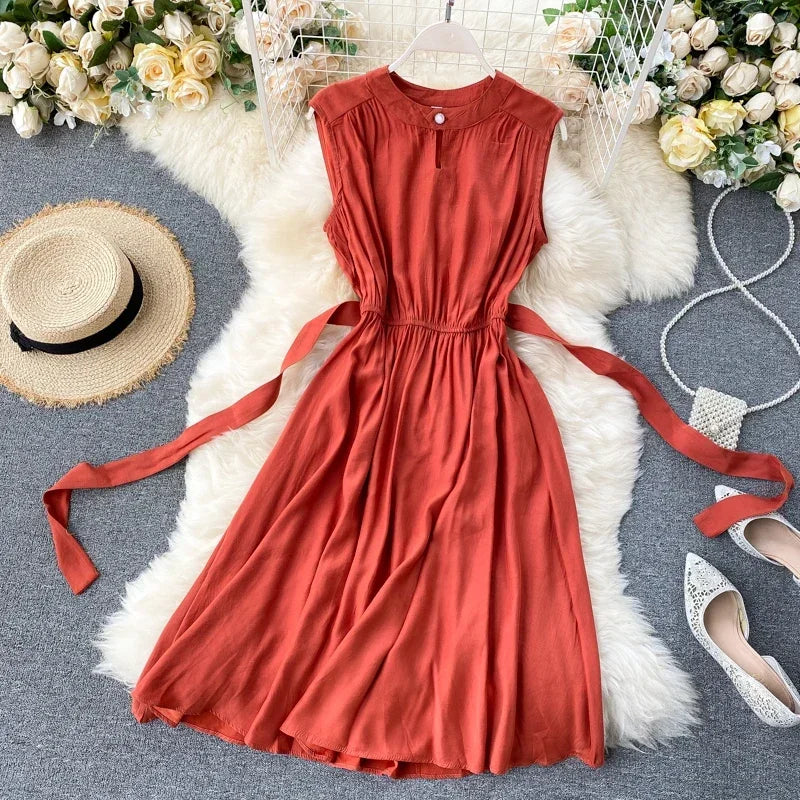 Sleeveless Summer Dress Solid Colors Green Blue Yellow Casual