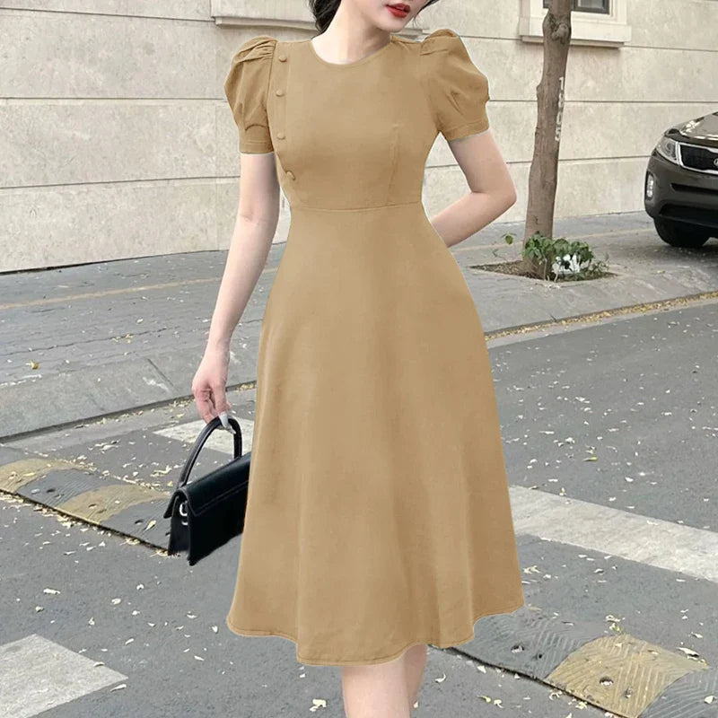 Elegant Short Puff Sleeve A Line Sundress for Office