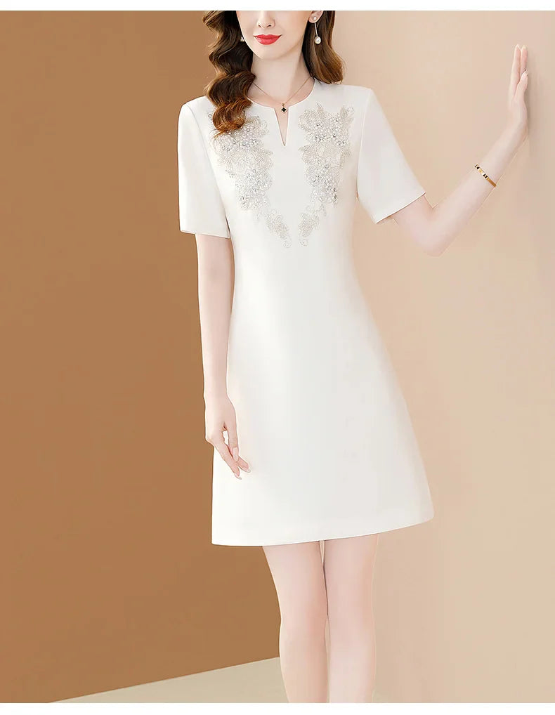 White Floral Embroidery A-Line Dress Short Sleeve Chic