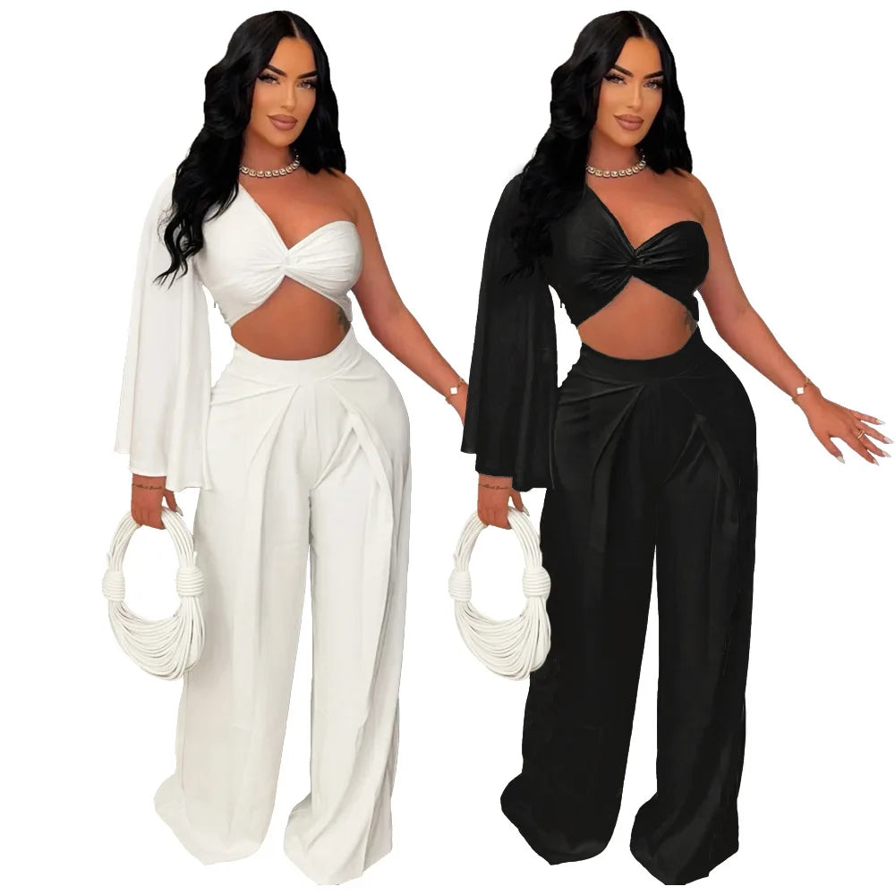Women's Ruched One Shoulder Sleeve Crop Top and Wide Leg Pants Two Piece Set Outfit