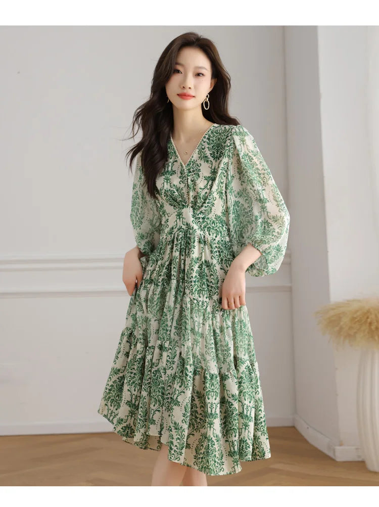 Floral Chiffon Dress For Women V Neck A Line Dress