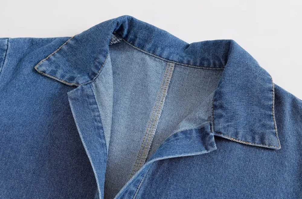 Women's Denim Loose Shirt with Pockets and High Elastic Waist Wide Leg Pants Two Piece Set