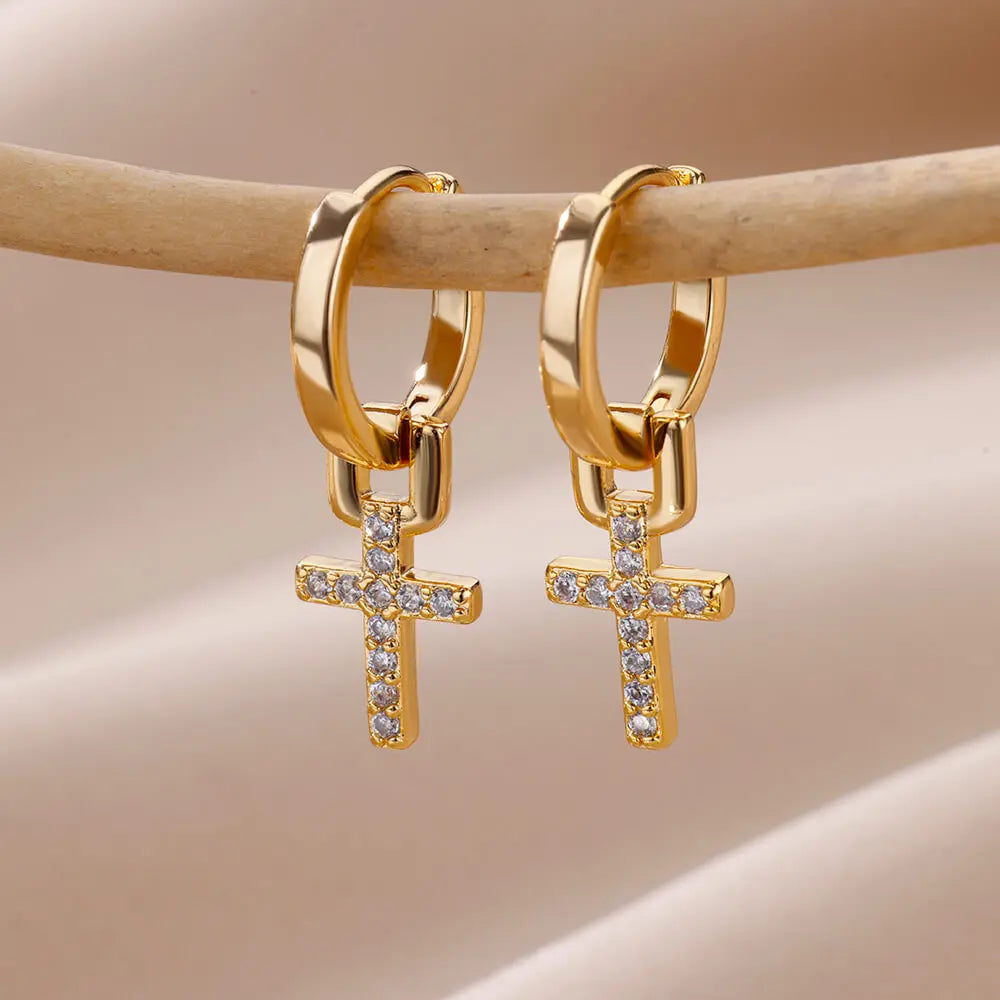 Zircon Cross Dangle Earrings for Women - Stainless Steel Wedding Jewelry for Couples and Girls