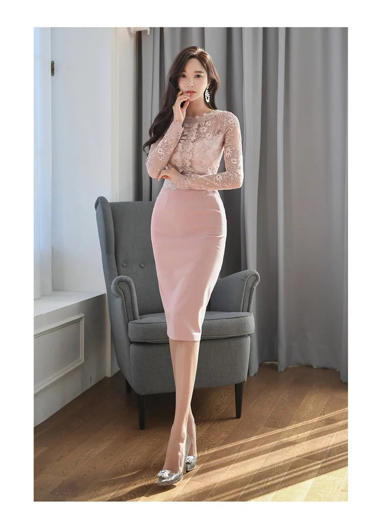 Korean Lace Bodycon Dress Women Office Sheath Pencil