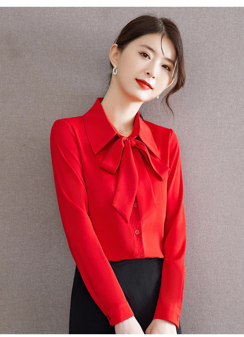 Elegant Bow Tie Ribbon Blouse for Women Lace Up Temperament Shirt Stylish Spring and Autumn Top