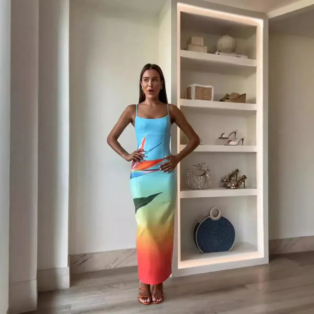 Sequin Print Suspender Dress for Casual Party Wear