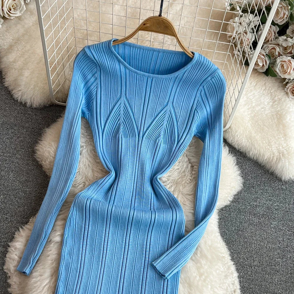 Long Sleeve Knitted Bodycon Dress For Women Autumn Retro