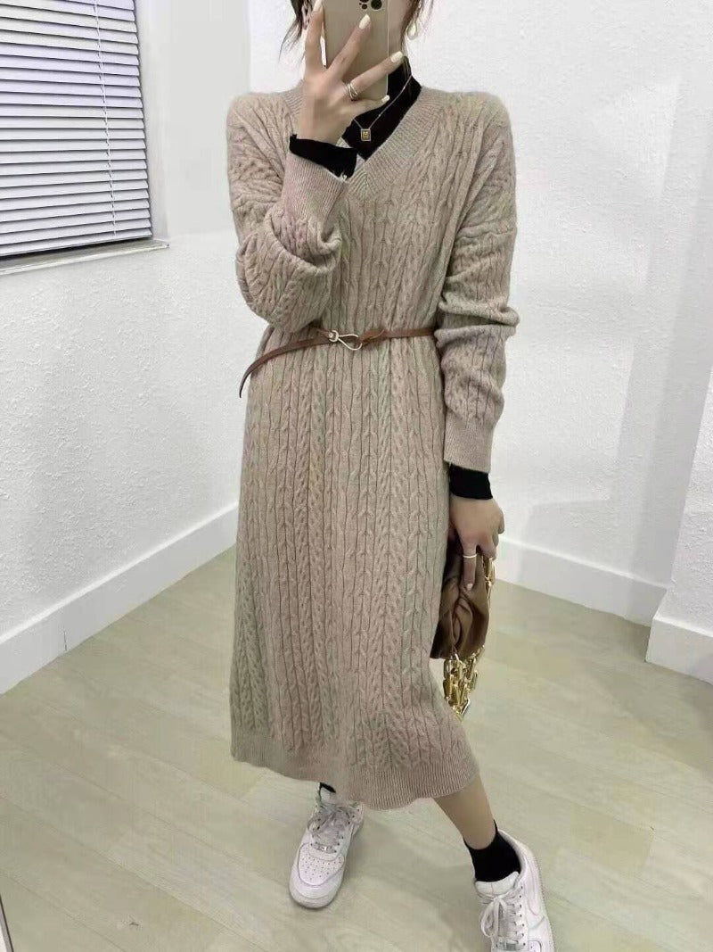Autumn Knit Sweater Dress Long Sleeve V Neck Women